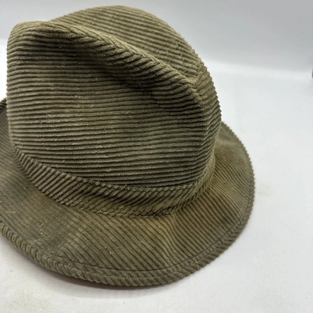 Olive Green Corduroy Fedora Hat Feather Accent Union Made Mens Hat Vintage